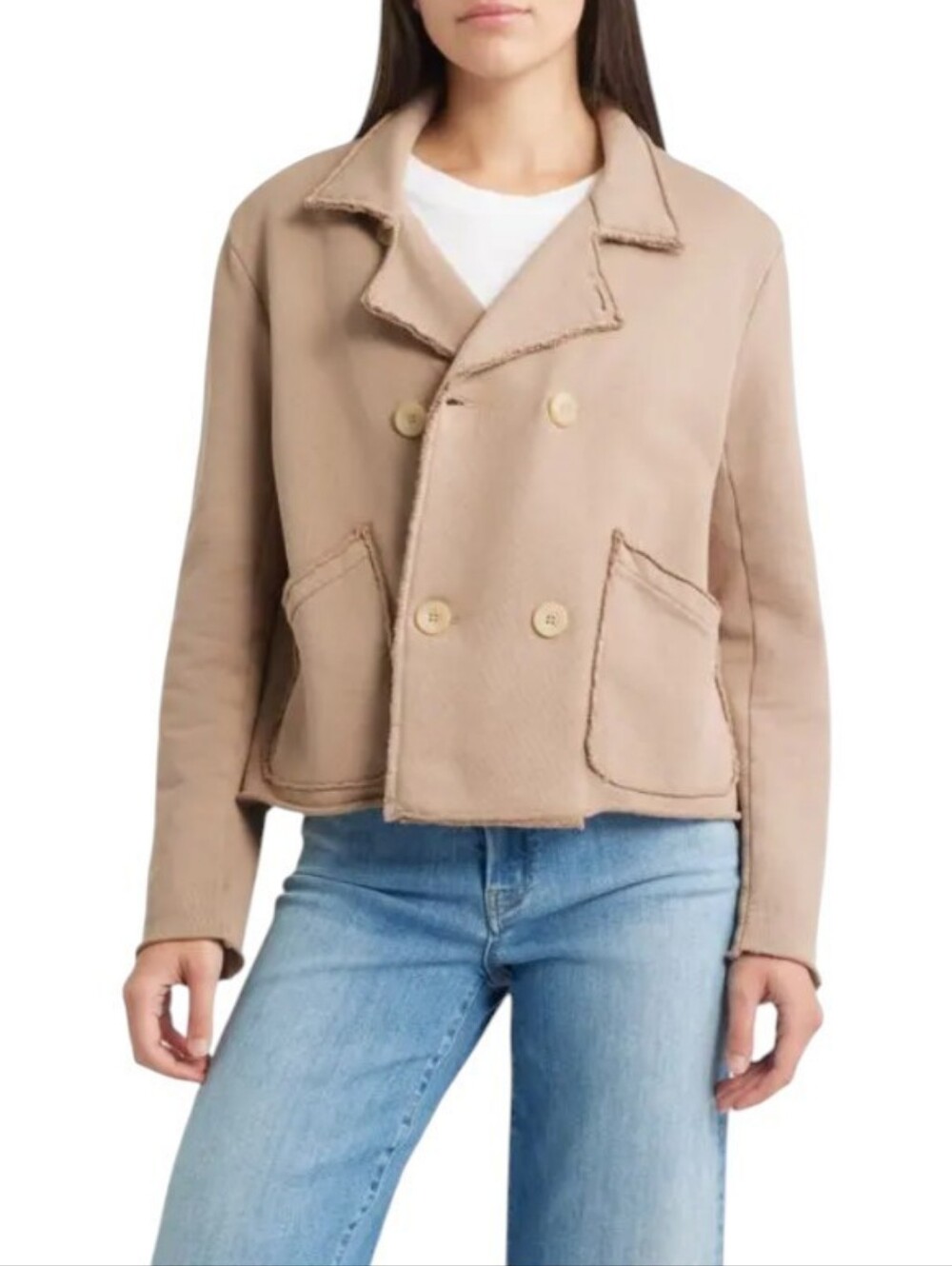 Frank & Eileen French Terry Crop Peacoat Jacket Taupe Labcrop Small GUC $328